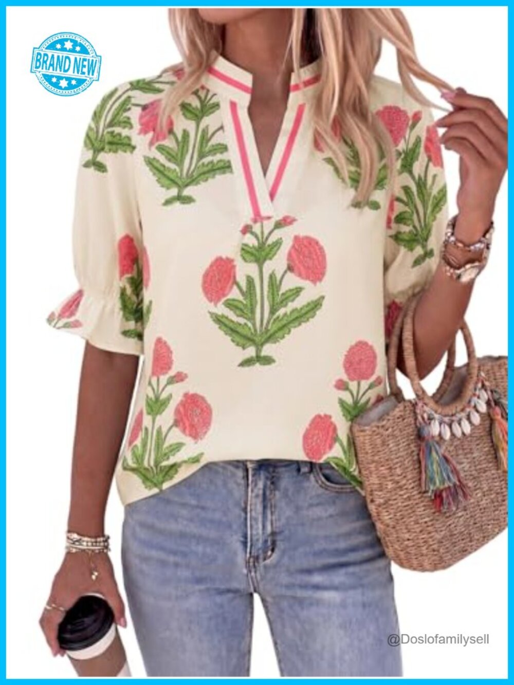Womens Floral Blouse Puff Sleeve V Neck Boho Top